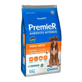 Ração Premier Ambientes Internos Cães Adultos Porte Médio Sabor Frango e Salmão 12kg