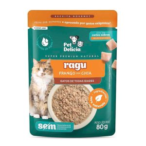Ração Úmida Pet Delícia Sachê Ragu Natural Para Gatos Frango com Chia 80g