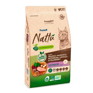 Ração Premier Nattu Gatos Adultos Castrados Frango, Mandioca, Beterraba, Linhaça e Cranberry 7,5kg