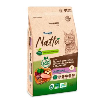 Ração Premier Nattu Gatos Adultos Castrados Frango, Mandioca, Beterraba, Linhaça e Cranberry 7,5kg