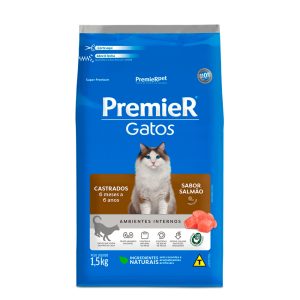 Ração Premier Ambientes Internos Gatos Adultos Castrados 6 Meses A 6 Anos Salmão 1,5kg