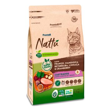 Ração Premier Nattu Gatos Adultos Castrados Frango, Mandioca, Beterraba, Linhaça e Cranberry 1,5kg