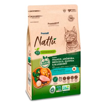 Ração Premier Nattu Gatos Adultos Castrados Frango, Abóbora, Brócolis, Quinoa e Blueberry 1,5kg